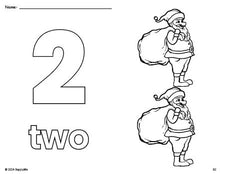 Free printable Santa Christmas coloring page and counting worksheet, number 2 coloring page for preschool, pre-k, and kindergarten