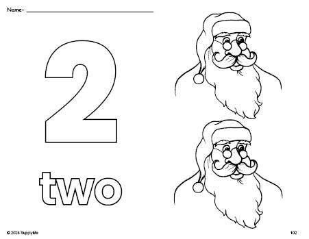 Free printable Santa Christmas coloring page and counting worksheet, number 2 coloring page for preschool, pre-k, and kindergarten