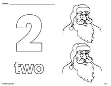 Free printable Santa Christmas coloring page and counting worksheet, number 2 coloring page for preschool, pre-k, and kindergarten