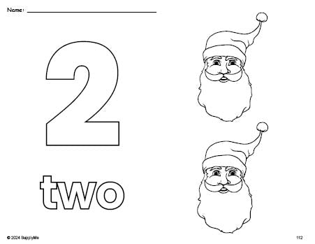 Free printable Santa Christmas coloring page and counting worksheet, number 2 coloring page for preschool, pre-k, and kindergarten