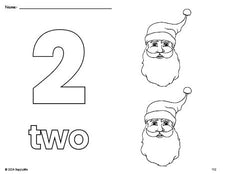 Free printable Santa Christmas coloring page and counting worksheet, number 2 coloring page for preschool, pre-k, and kindergarten