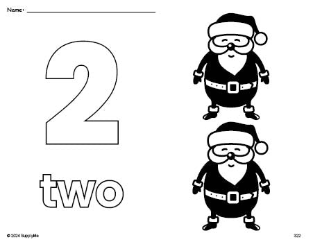 Free printable Santa Christmas coloring page and counting worksheet, number 2 coloring page for preschool, pre-k, and kindergarten