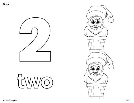 Free printable Santa Christmas coloring page and counting worksheet, number 2 coloring page for preschool, pre-k, and kindergarten