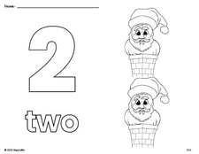 Free printable Santa Christmas coloring page and counting worksheet, number 2 coloring page for preschool, pre-k, and kindergarten