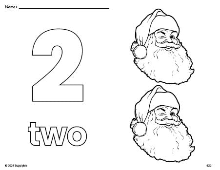 Free printable Santa Christmas coloring page and counting worksheet, number 2 coloring page for preschool, pre-k, and kindergarten