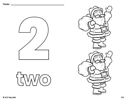 Free printable Santa Christmas coloring page and counting worksheet, number 2 coloring page for preschool, pre-k, and kindergarten