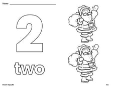 Free printable Santa Christmas coloring page and counting worksheet, number 2 coloring page for preschool, pre-k, and kindergarten