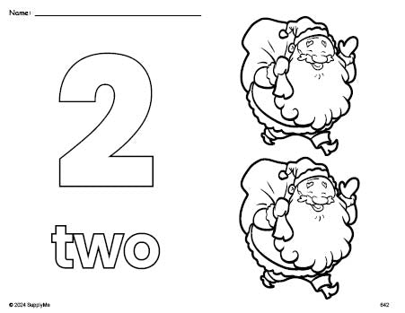 Free printable Santa Christmas coloring page and counting worksheet, number 2 coloring page for preschool, pre-k, and kindergarten