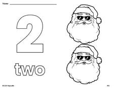 Free printable Santa Christmas coloring page and counting worksheet, number 2 coloring page for preschool, pre-k, and kindergarten