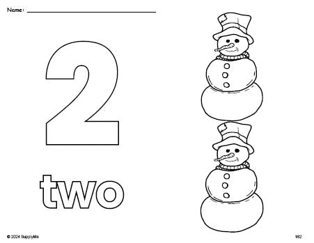 Free printable snowman winter coloring page and counting worksheet, number 2 coloring page for preschool, pre-k, and kindergarten