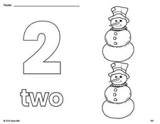 Free printable snowman winter coloring page and counting worksheet, number 2 coloring page for preschool, pre-k, and kindergarten