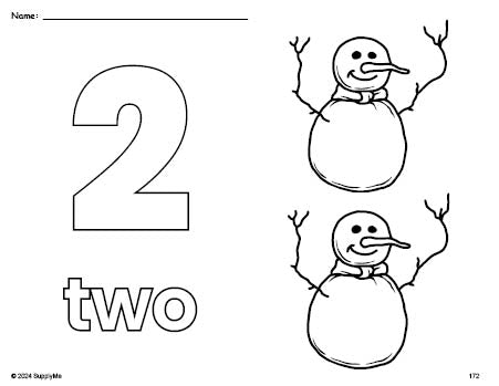 Free printable snowman winter coloring page and counting worksheet, number 2 coloring page for preschool, pre-k, and kindergarten