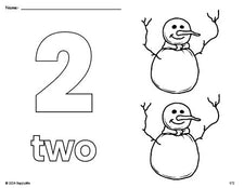 Free printable snowman winter coloring page and counting worksheet, number 2 coloring page for preschool, pre-k, and kindergarten