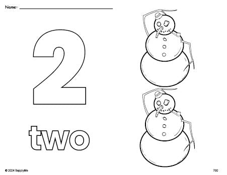 Free printable snowman winter coloring page and counting worksheet, number 2 coloring page for preschool, pre-k, and kindergarten