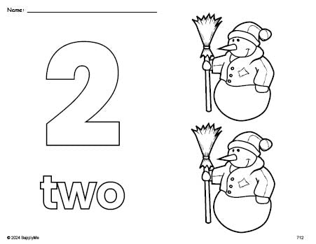 Free printable snowman winter coloring page and counting worksheet, number 2 coloring page for preschool, pre-k, and kindergarten