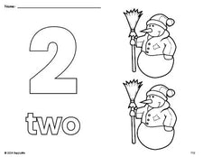 Free printable snowman winter coloring page and counting worksheet, number 2 coloring page for preschool, pre-k, and kindergarten