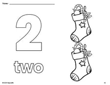 Free printable stocking Christmas coloring page and counting worksheet, number 2 coloring page for preschool, pre-k, and kindergarten