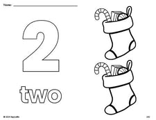 Free printable stocking Christmas coloring page and counting worksheet, number 2 coloring page for preschool, pre-k, and kindergarten