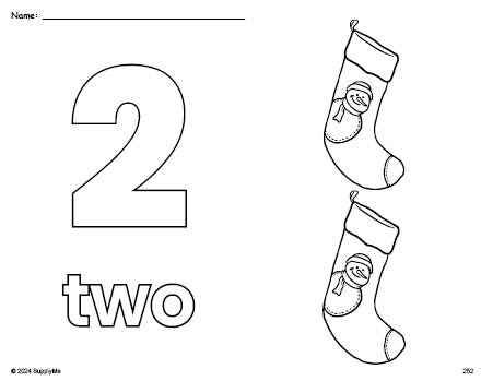 Free printable stocking Christmas coloring page and counting worksheet, number 2 coloring page for preschool, pre-k, and kindergarten