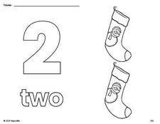 Free printable stocking Christmas coloring page and counting worksheet, number 2 coloring page for preschool, pre-k, and kindergarten