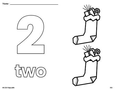 Free printable stocking Christmas coloring page and counting worksheet, number 2 coloring page for preschool, pre-k, and kindergarten