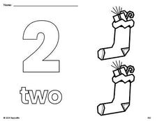 Free printable stocking Christmas coloring page and counting worksheet, number 2 coloring page for preschool, pre-k, and kindergarten