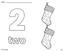 Free printable stocking Christmas coloring page and counting worksheet, number 2 coloring page for preschool, pre-k, and kindergarten