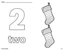 Free printable stocking Christmas coloring page and counting worksheet, number 2 coloring page for preschool, pre-k, and kindergarten