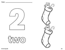 Free printable stocking Christmas coloring page and counting worksheet, number 2 coloring page for preschool, pre-k, and kindergarten