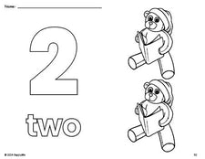 Free printable teddy bear Christmas coloring page and counting worksheet, number 2 coloring page for preschool, pre-k, and kindergarten