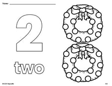 Free printable wreath Christmas coloring page and counting worksheet, number 2 coloring page for preschool, pre-k, and kindergarten