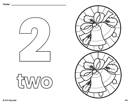 Free printable wreath Christmas coloring page and counting worksheet, number 2 coloring page for preschool, pre-k, and kindergarten