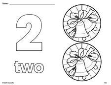 Free printable wreath Christmas coloring page and counting worksheet, number 2 coloring page for preschool, pre-k, and kindergarten