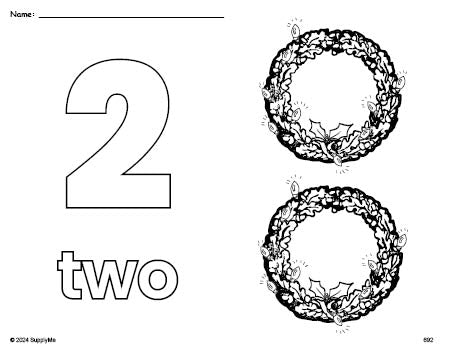 Free printable wreath Christmas coloring page and counting worksheet, number 2 coloring page for preschool, pre-k, and kindergarten