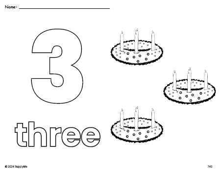 Free printable advent Christmas coloring page and counting worksheet, number 3 coloring page for preschool, pre-k, and kindergarten