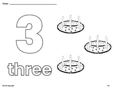 Free printable advent Christmas coloring page and counting worksheet, number 3 coloring page for preschool, pre-k, and kindergarten