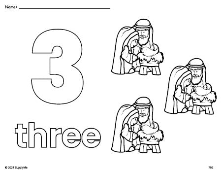 Free printable Baby Jesus Christmas coloring page and counting worksheet, number 3 coloring page for preschool, pre-k, and kindergarten