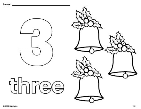 Free printable bell Christmas coloring page and counting worksheet, number 3 coloring page for preschool, pre-k, and kindergarten