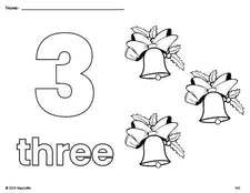 Free printable bell Christmas coloring page and counting worksheet, number 3 coloring page for preschool, pre-k, and kindergarten