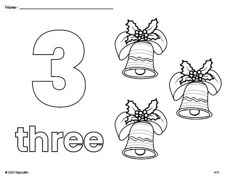 Free printable bell Christmas coloring page and counting worksheet, number 3 coloring page for preschool, pre-k, and kindergarten