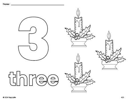 Free printable candle Christmas coloring page and counting worksheet, number 3 coloring page for preschool, pre-k, and kindergarten