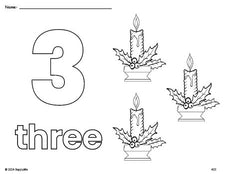 Free printable candle Christmas coloring page and counting worksheet, number 3 coloring page for preschool, pre-k, and kindergarten