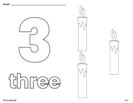 Free printable candle Christmas coloring page and counting worksheet, number 3 coloring page for preschool, pre-k, and kindergarten