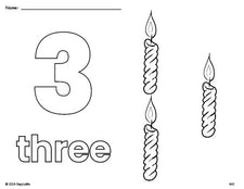 Free printable candle Christmas coloring page and counting worksheet, number 3 coloring page for preschool, pre-k, and kindergarten