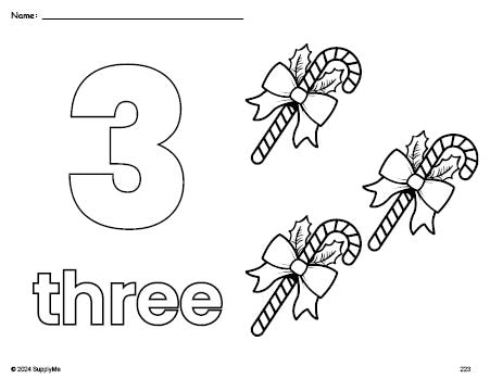 Free printable candy cane Christmas coloring page and counting worksheet, number 3 coloring page for preschool, pre-k, and kindergarten