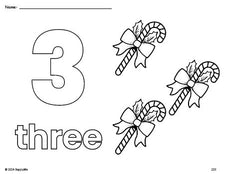 Free printable candy cane Christmas coloring page and counting worksheet, number 3 coloring page for preschool, pre-k, and kindergarten