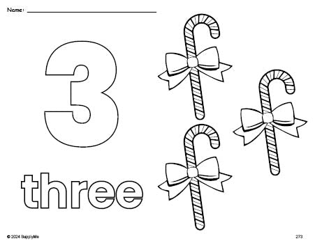 Free printable candy cane Christmas coloring page and counting worksheet, number 3 coloring page for preschool, pre-k, and kindergarten