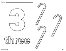 Free printable candy cane Christmas coloring page and counting worksheet, number 3 coloring page for preschool, pre-k, and kindergarten