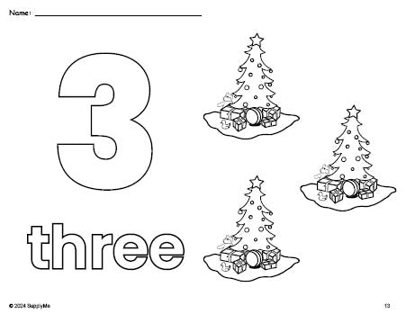 Free printable Christmas tree Christmas coloring page and counting worksheet, number 3 coloring page for preschool, pre-k, and kindergarten