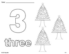 Free printable Christmas tree Christmas coloring page and counting worksheet, number 3 coloring page for preschool, pre-k, and kindergarten